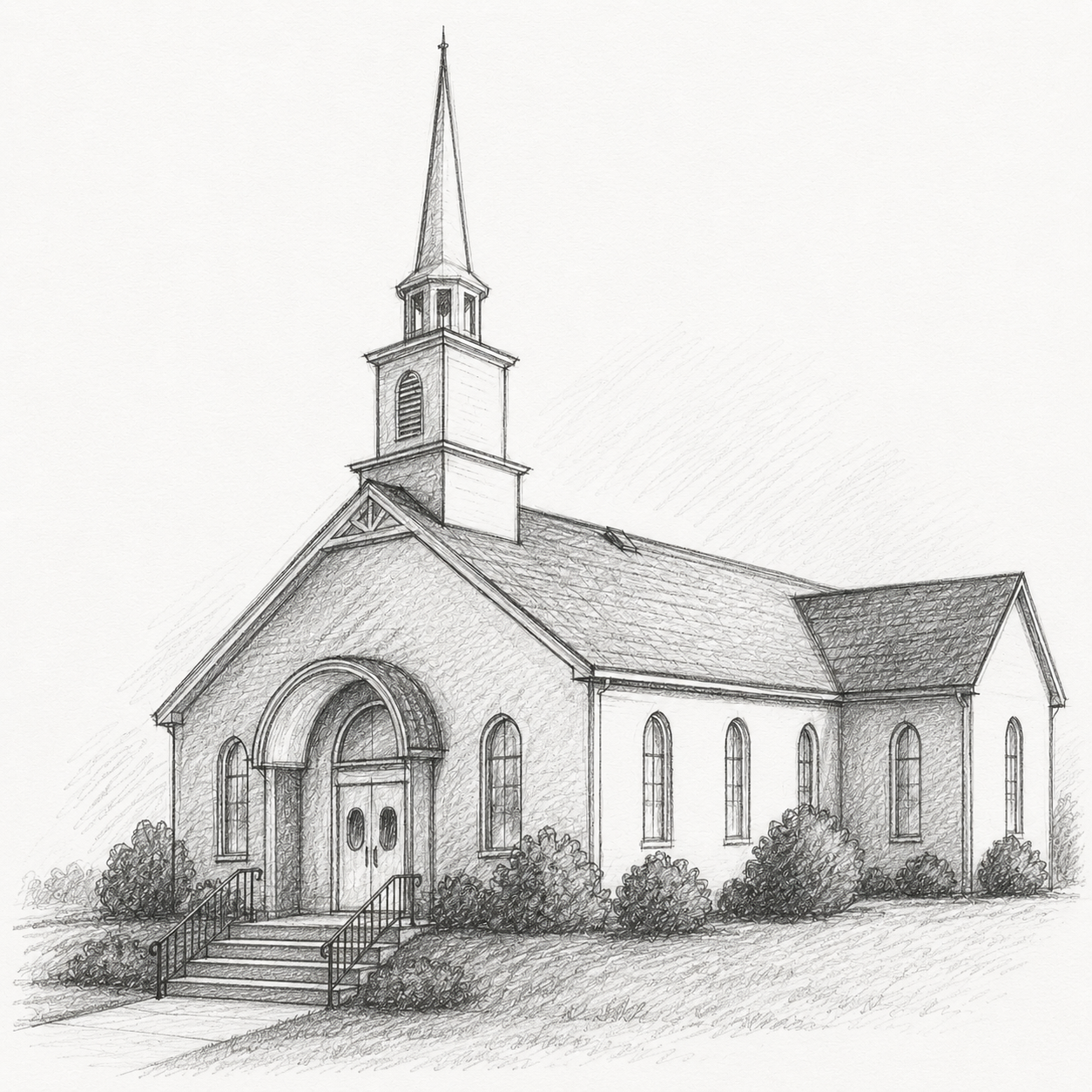 Pencil sketch of Pleasant Union Christian Church building with steeple